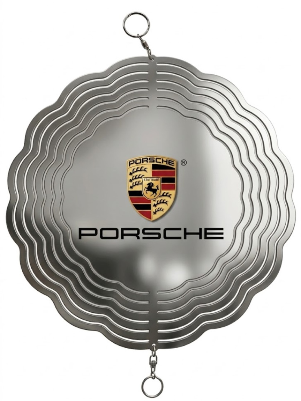 10" Porsche Crest Logo Kinetic Wind Spinner - Silver Metal Hanging Yard Decor